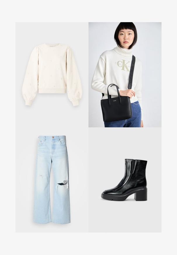 Kremowy sweter z bufiastymi rękawami, prążkowymi mankietami i haftowanymi motywami serc. Wykonany z miękkiej bawełny o luźnym kroju.; Jasnoniebieskie spodnie dżinsowe o szerokich nogawkach, wykonane z denimu, z wysokim stanem, dużymi przetarciami na kolanach oraz klasycznym pięcio-kieszeniowym krojem z miedzianymi elementami.; Czarne lakierowane botki za kostkę z zaokrąglonym noskiem, elastycznymi panelami bocznymi i masywnym obcasem blokowym. Posiadają wytłoczone logo z tyłu.; Czarna skórzana torebka z podwójnymi uchwytami u góry oraz odpinanym paskiem na ramię. Posiada srebrne logo z przodu oraz gładką fakturę.
