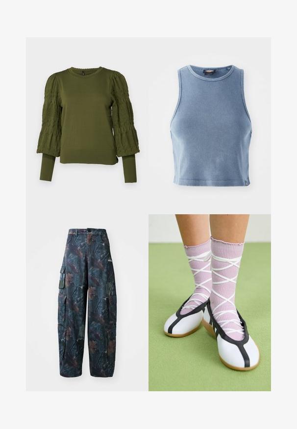 ONLY ONLMELITA O NECK - Neule - winter moss; Vaaleansininen ribatetyt crop-top, jossa on pyöreä kaula-aukko ja hihattomuus. Pehmeä pinta ja pieni logo-tyyppitys helmaosassa.; Vihreät ja ruskeat camo-taskuhousut, joissa on useita taskuja ja löysä istuvuus, valmistettu kevyestä ja kestävästä kankaasta.; Valkoiset litteät kengät mustalla reunuksella ja pohjalla, yhdistettynä vaaleanliiloihin ribbatuiksi sukkiin, joissa on valkoiset ristikkäin nauhat. Taustalla vihreä väri.