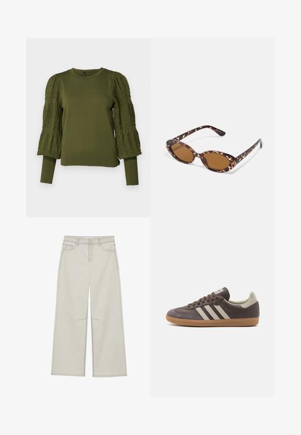 ONLY ONLMELITA O NECK - Džemperis - winter moss; Šviesiai pilkos plačios kelnės su penkiomis kišenėmis, priekyje užsegamos mygtuku ir su kontrastine siūle palei siūles. Audinys atrodo minkštas ir patvarus.; Rudos odinės sportinės bateliai su trimis šviesiomis juostelėmis, guminėmis apačiomis, apvaliu nosiu ir tekstūruotais zomšos akcentais ant kulno ir nosies.; Kaktašiai akiniai nuo saulės su ovaliais objektyvais, rudi, ploni laikikliai su tekstūruotu raštu, lengvas plastikinis rėmas.