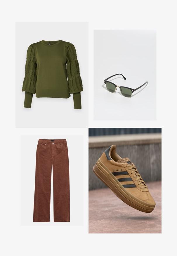 ONLY ONLMELITA O NECK - Pulóver - winter moss; Barna kordbársony, bővülő fazonú nadrág, textúrált felülettel, öt zsebbel, gombos záródással és klasszikus derékpánttal.; Barna velúr sportcipők sima textúrával, három sötét csíkkal, lekerekített orral és vastag talppal, amelynek szegélye mintázott.; Fekete és arany napszemüveg zöld lencsékkel, macska szem formával, fémes díszítésekkel és textúrázott kerettel.