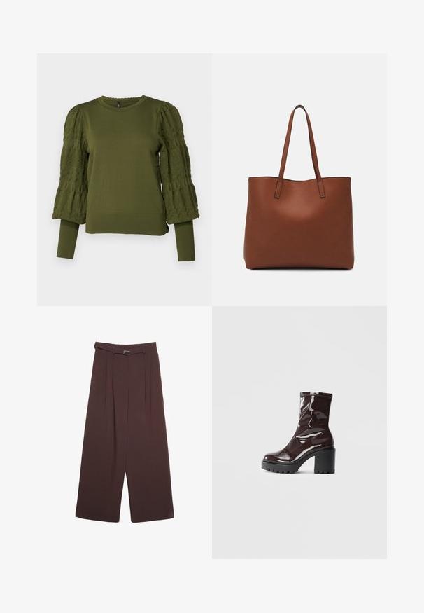 ONLY ONLMELITA O NECK - Trui - winter moss; Stradivarius WIDE-LEG WITH BUCKLE DETAIL  - Broek - dark brown; Glanzende bordeauxrode enkelboot met een chunky zwarte hak, met een gladde textuur en een eenvoudig ontwerp. Geen zichtbare sluitingen of patronen.; Bruine leren tote bag met een gladde textuur, een ontwerp met een open bovenkant en twee schouderbanden. Kenmerkt zich door minimale stiksels en geen zichtbare hardware.