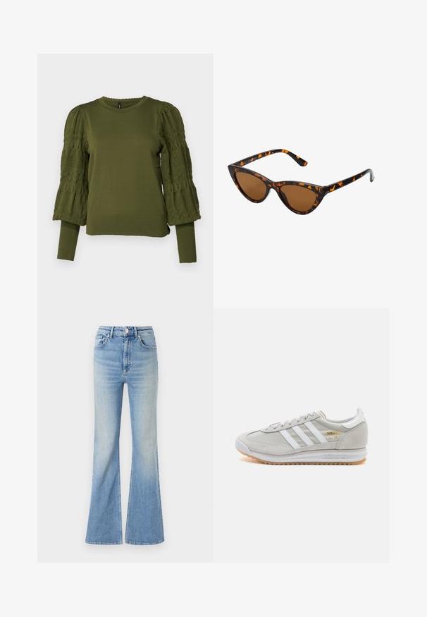 ONLY ONLMELITA khaki; Jasnoniebieskie dżinsy w kształcie dzwonów, wykonane z denimu, z wysokim stanem, pięcioma kieszeniami i delikatnym gradientowym blaknięciem w kierunku dołu nogawki.; Jasnoszare sneakersy wykonane z zamszu i siateczki, z trzema białymi paskami, okrągłym noskiem i gumową podeszwą. Złoty akcent logo w pobliżu sznurowadeł.; Okulary przeciwsłoneczne w kształcie kocich oczu z czarno-pomarańczową oprawą w deseń żółwia, brązowymi soczewkami i eleganckimi, spiczastymi końcówkami. Posiadają minimalistyczne logo na zauszniku.
