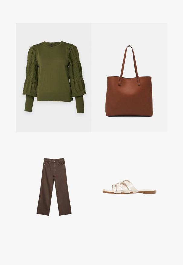 ONLY ONLMELITA O NECK - Maglione - winter moss; Jeans a gamba larga marroni in denim, con vita alta, tasche anteriori e chiusura a bottone classica. Tessuto liscio con cuciture sottili.; Infradito con suola in gomma color talpa, progettate con tre cinturini in pelle bianca sovrapposti e un piccolo dettaglio a fiocco al centro.; Borsa tote in pelle marrone con texture liscia, design con apertura superiore e due spallacci. Presenta cuciture minime e nessun hardware visibile.