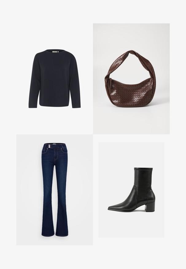 Tumedam sinine pikkade varrukatega topp, mis on valmistatud pehmest kangast, ringkrae ja lõdva istuvuse ning minimalistliku disainiga, ilma nähtavate mustrite või aktsentideta.; Tumedad sinised laiad teksapüksid, millel on kõrge talje, kaks eesmist taskut ja kaks nööbikinnitust. Valmistatud siledast denimist.; Mustad muste sandaalid, mis on valmistatud siledast nahast, terava ninaga, plokknööriga ja eristuva tõstetud õmblusega ülemisel serval.; Pruunist kootud nahast käekott, millel on kõver, sõlme käepide ja tõmblukk. Sile tekstuur ja ümar kuju.