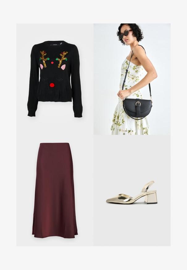 Juodas megztinis su elnio piešiniu, auksinėmis blizgučiais išsiuvinėtomis ragais, rožinėmis ausų detalėmis, raudonu pom-pomu nosimi ir žaliomis bei raudonomis karoliukų akcentais.; YAS YASPELLA MIDI - Trapecinis sijonas - decadent chocolate; Auksiniai, metaliniai slingback aukštakulniai bateliai su smailiu pirštu ir masyviu kulnu. Lygus paviršius, minimalizmo dizainas ir siaura juostelė.; Juodas odinis krepšys su išlenkta forma, nuimamu dirželiu ir auksiniais detalėmis. Krepšys turi kilpą su sagtimi.