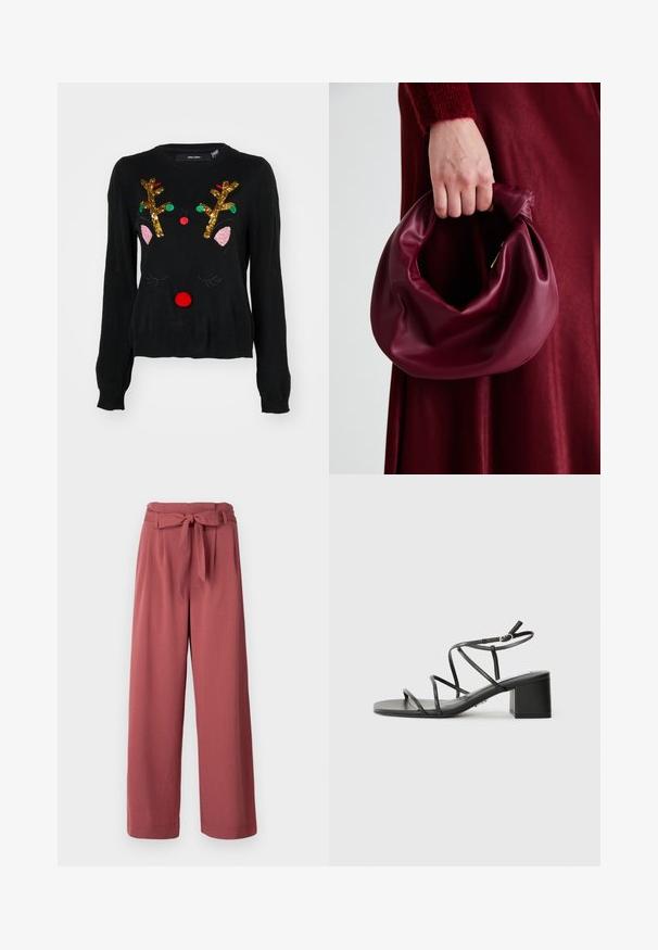 Suéter preto com um design de rena, apresentando chifres de lantejoulas douradas, detalhes em rosa nas orelhas, nariz em pompom vermelho e acabamentos em contas verdes e vermelhas.; Calças de perna larga numa cor rosa empoeirado, feitas de um tecido suave, com um cinto atado à cintura e bolsos laterais.; Sandálias pretas com tiras, com bico quadrado e salto grosso, feitas de um material suave. Apresentam tiras ajustáveis no tornozelo e hardware minimalista.; Bolsa de couro bordô com um design suave e franzido, e uma forma arredondada. A alça é fixa, apresentando uma textura suave.