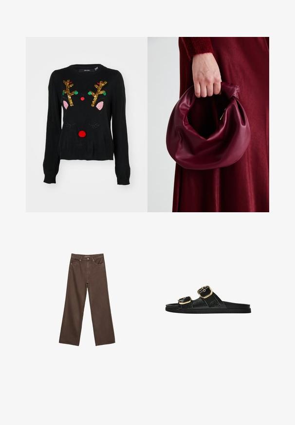 Svart tröja med ett renmotiv som har gyllene paljetthorn, rosa örondetaljer, röd pom-pom-näsa och gröna, röda pärlprydnader.; Breda bruna jeans i denim med hög midja, framfickor och klassisk knäppning. Slät textur med subtil sömnad.; Svart glidsandal med två guldfärgad spännen, slät textur av material, platt sula och en minimalistisk design.; Burgundy läderhandväska med en mjuk, samlad design och rundad form. Handtaget är säkrat och visar en slät yta.