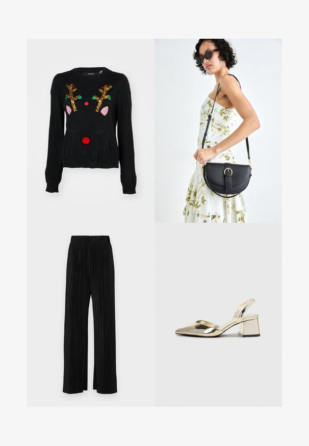 Svart tröja med ett renmotiv som har gyllene paljetthorn, rosa örondetaljer, röd pom-pom-näsa och gröna, röda pärlprydnader.; Svarta plisserade byxor med resårmidja. Har vida ben och ett mjukt, texturerat material med vertikala ränder.; Guld, metalliska slingback-klackar med spetsig tå och chunky klack. Slät textur, minimalistisk design och en smal rem.; Svart läderhandväska med en böjd form, avtagbar rem och guldiga detaljer. Väskan har ett lock med en spänndetalj.