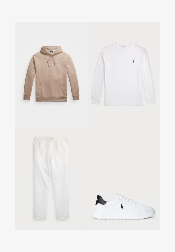 Beige hoodie med dragsko, framficka och broderad logga. Tillverkad av mjukt material, med ribbade ärmslut och nederkant.; Vit långärmad T-shirt tillverkad av bomull. Har en rund halsringning, ribbade ärmslut och en liten marinblå polo-logotyp på vänster bröst.; Vita bomullsshorts med resårmidja och en enda guldkknapp, raka ben, slät textur och inga synliga mönster.; Vit lågtopp sneakers med svart hälflik och svart Polo Ralph Lauren-logotyp på sidan, med vita snören och tjock gummisula.