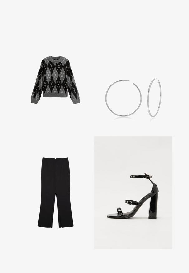 New Look ARGYLE CREW NECK MIDWEIGHT - Jumper - light grey; Black long-sleeve T-shirt made from soft cotton. Features a round neckline, relaxed fit, and minimalist design without patterns or embellishments.; Black trousers with a straight fit, featuring front pockets and side slits at the hem. Made of soft, smooth fabric. Suitable for various occasions.; Black patent high-heeled sandals with two buckle straps, square toe, and a chunky block heel, featuring a smooth, glossy texture.; Silver hoop earrings with a smooth, polished finish. One earring is a complete hoop, while the other is partially open, showcasing a minimalist design.