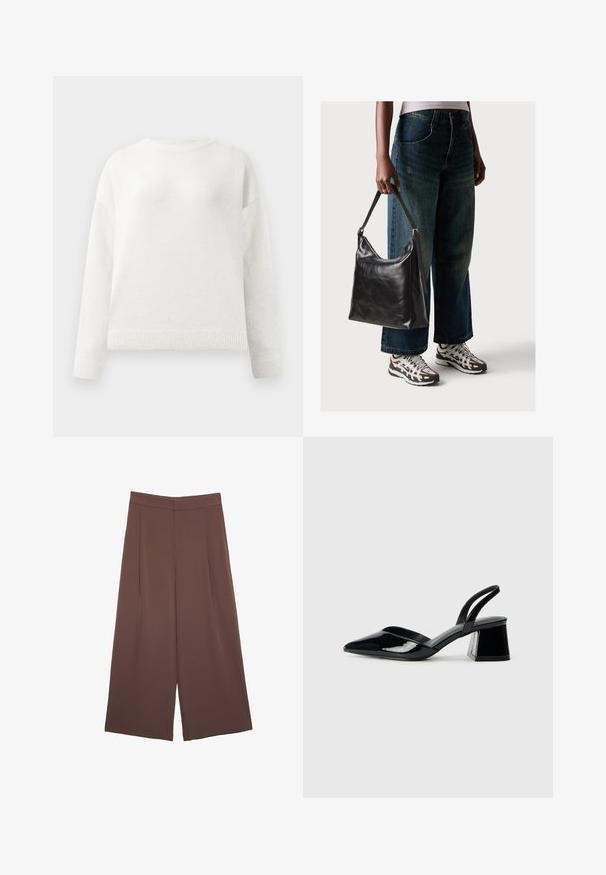 Bijela dukserica dugih rukava s okruglim izrezom, s rebrastim manžetama i rubom, koja se odlikuje mekim, blago dlakavim materijalom.; Smeđe hlače širokog kroja s glatkom teksturom, koje imaju visok struk i nabore sprijeda. Tkanina je lagana i slobodno se kreće.; Crne lakirane kožne sandale s otvorenom petom i špicastim vrhom, s geometrijskom blok petom. Imaju elegantan, minimalistički dizajn i glatku teksturu.; Crna kožna torba za rame s glatkom teksturom i podešivim remenom, u kombinaciji s izblijedjelim širokim trapericama i sportskim tenisicama.