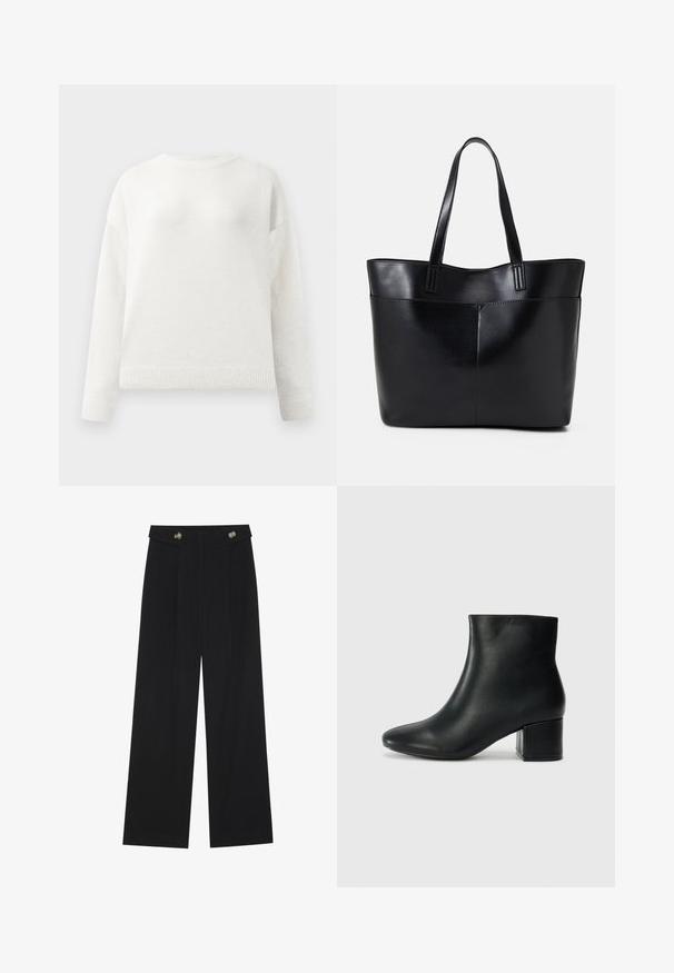 White crewneck long-sleeve sweater with ribbed cuffs and hem, featuring a soft, slightly fuzzy texture.; Black wide-leg trousers with high waist, button details on waistband, and front pleats.; Black leather ankle boots with a pointed toe and a chunky heel. Smooth texture with minimal accents and a sleek, fitted design.; Black leather tote bag with two long handles, a smooth texture, and a structured shape. Features a front pocket for additional storage.