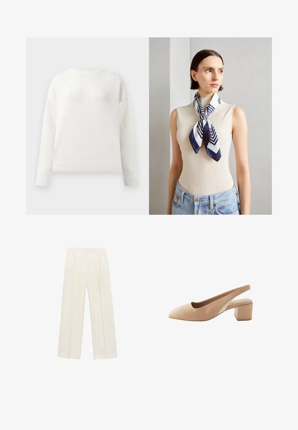 Witte crewneck lange mouw trui met geribde manchetten en zoom, met een zachte, iets pluizige textuur.; Wijdgevallen broeken in een lichtcrème kleur. Gemaakt van een zachte stof met plooien aan de voorkant en zijzakken.; Beige slingback pump met een spitse neus, gemaakt van glad leer. Heeft een blokhak en een contrasterend paneel aan de zijkant.; Zijde sjaal in marineblauw en wit met een geometrisch zigzagpatroon. Invloed van een gladde textuur, mooi om de hals geknoopt, wat perfect past bij een geribbelde top.