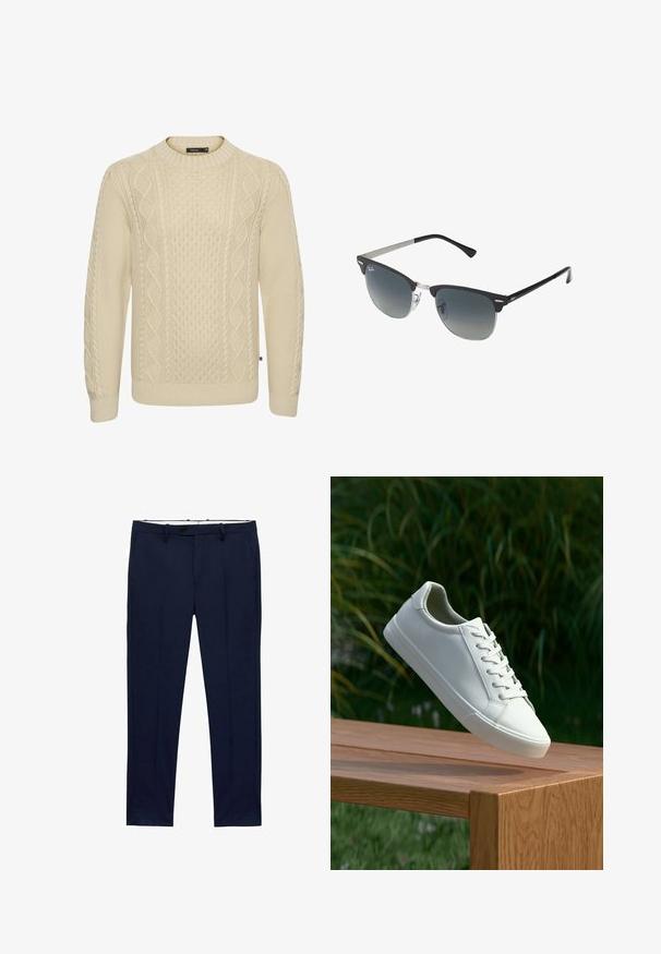 Beżowy sweter dziany z fakturowanymi wzorami w warkocze, z ribbanym okrągłym dekoltem i mankietami. Wykonany z miękkiej, grubej włóczki zapewniającej ciepło i komfort.; Granatowe spodnie o dopasowanym kroju z prążkowanym wzorem. Posiadają zamek błyskawiczny, szlufki na pasek oraz kieszenie z przodu. Gładka faktura materiału.; Białe sneakersy sznurowane unoszące się nad drewnianą ławką z zielonymi liśćmi w tle, ukazujące wzór i teksturę buta.; Czarno-srebrne okulary przeciwsłoneczne w kształcie kociego oka, z gradientowymi soczewkami i metalowymi akcentami na oprawie. Plastikowe ramiona z szarymi końcówkami.