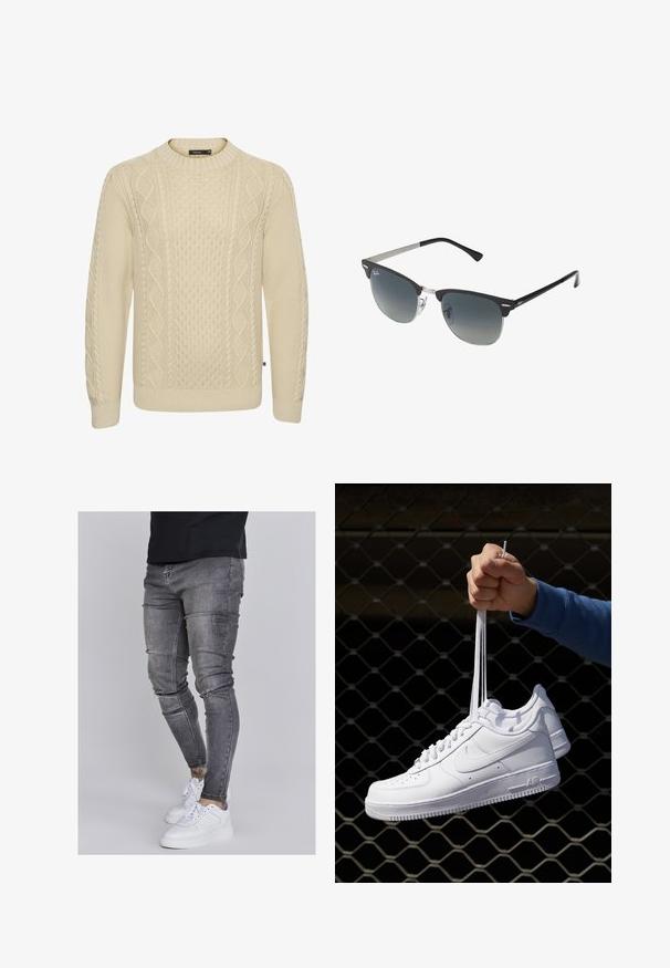Beige neulepaita, jossa on tekstuuriin liittyviä köynnöskuvioita, ribbaus kaula-aukossa ja hihoissa. Valmistettu pehmeästä, paksusta langasta lämpöä ja mukavuutta varten.; Kapeat farkut haalistuneessa harmaassa denimmateriaalissa, joissa on kuluneet yksityiskohdat polvissa, yhdistettyinä valkoisiin lenkkareihin. Suora pinta, kapea leikkaus.; Valkoiset nahkasneakersit, joissa on rei'ityksiä, pyöreä kärki, tasapohja ja paksut nauhat, joissa on näkyvä swoosh-logo ja "AIR" kantapäässä.; Mustat ja hopeiset aurinkolasit, joissa on kissansilmämuoto, gradientti linssit ja metalliset yksityiskohdat kehysissä. Muoviset sangan päät harmaat.; Harmaa ruostumaton teräs rannekello, jossa on tummansininen kellotaulu, metalliset tuntimerkit ja päivämääränäyttö kello 3:ssa. Vesitiivis 50 metriin asti.