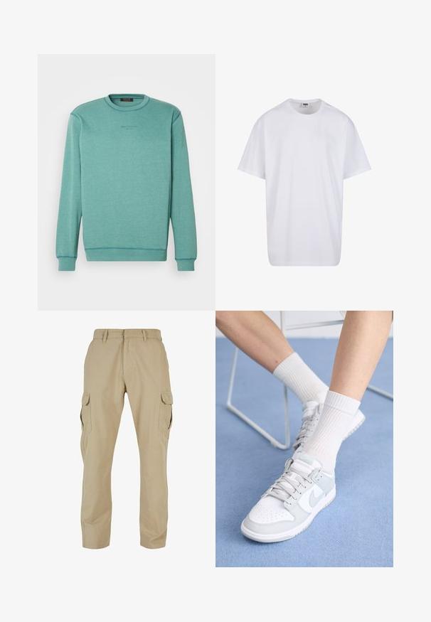 Svetlo tyrkysový sveter s okrúhlym výstrihom, dlhými rukávmi a kontrastným šitím. Obsahuje text "Nosiť kód" v jemnej potlači.; Biela bavlnená tričko s krátkymi rukávmi, okrúhlym výstrihom, uvoľneným strihom a žiadnymi viditeľnými logami alebo vzormi. Hladká textúra a minimálny dizajn.; Béžové cargo nohavice vyrobené z bavlneného twillu, so viacerými bočnými vreckami, rovnými nohavicami a zipsom s pútkami na opasok.; Biele tenisky s svetlomodrými akcentmi, kožený zvršok, perforovaná špička, hrubé šnúrky a rebrové biele ponožky na modrom pozadí.