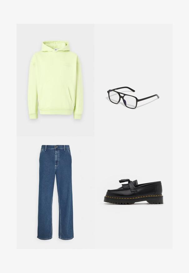 Hellgrüner Kapuzenpullover mit einer frontalen Kängurutasche, gerippten Bündchen und Saum. Verfügt über ein tonal geprägtes "OBEY STUDIOS"-Logo auf der Brust.; Blaue Jeans aus Denim mit geradem Schnitt, fünf Taschen, Metallknopfverschluss und sichtbarer Naht entlang der Nähte und des Saums.; Schwarze Lederloafers mit einem fransenverzierten Akzent, ausgestattet mit einer robusten schwarzen Sohle und gelber Naht entlang der Kante. Texturierte Oberfläche.; Schwarze rechteckige Brille mit klaren Gläsern und einem dezenten lila Schimmer, ausgestattet mit schlanken Bügeln und einem minimalistischen Design.