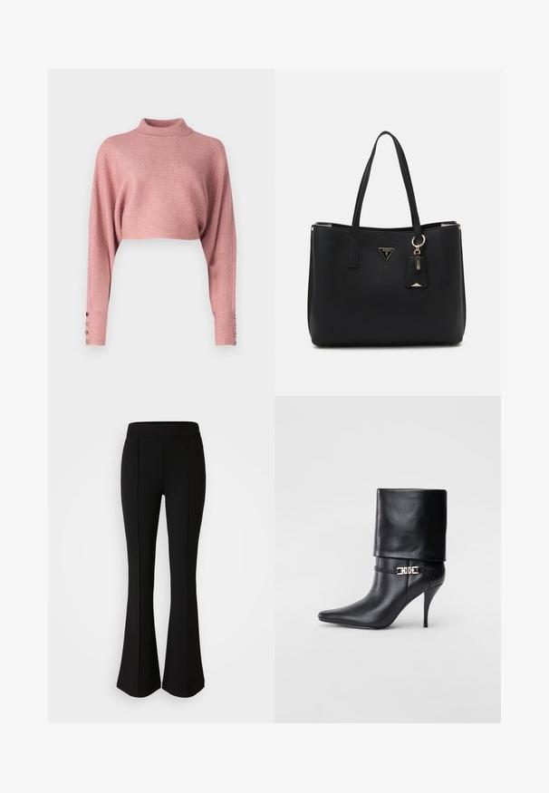 Virkkaustyylinen ribbiknitti neulepaita pehmeässä vaaleanpunaisessa värissä, jossa on korkea kaulus, lyhyt muotoilu ja leveät hihat, joita korostavat koristeelliset napit.; Mustat levenevät housut, jotka on valmistettu joustavasta materiaalista, jossa on sileä pinta. Housuissa on saumurivia etupuolella lisäsuunnittelua varten.; Musta nahkasaapas nilkkapituudella, teräväkärkinen, korkea stiletto-korko, käännettävä varsi ja kultainen koristeellinen solki nilkassa.; Musta olkalaukku, joka on valmistettu teksturoidusta synteettisestä materiaalista, jossa on kaksi kantokahvaa, kultainen logo-plaaketti ja pieni tagi, jossa on korostusyksityiskohta.