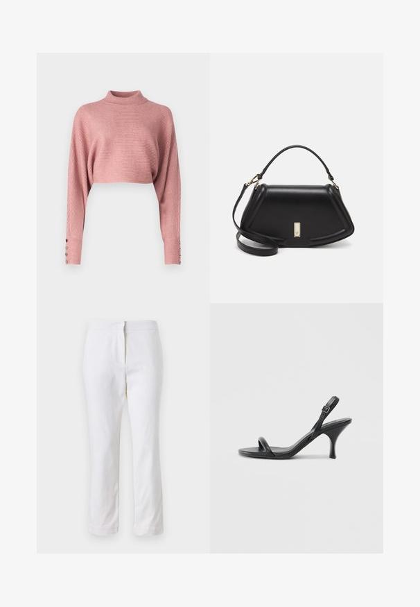 Crochet-style ribbed knit sweater in soft pink with a high neckline, cropped design, and wide sleeves accented by decorative buttons.; White cotton pants with a straight leg design, featuring a mid-rise waist and no visible hardware or patterns. Smooth texture throughout.; Black leather high-heeled sandals with a slim, curved heel and a crossed strap design. Adjustable ankle strap. Smooth texture.; Black leather handbag with a structured design, featuring a cropped shape, top handle, and gold hardware accent. Adjustable shoulder strap included.