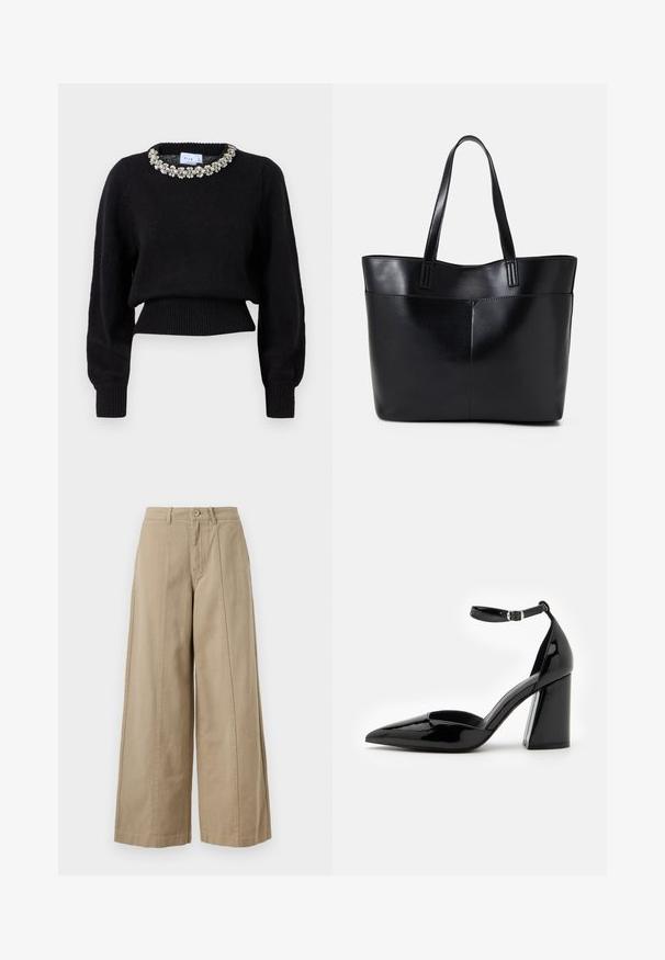 Czarny skrócony sweter z dzianiny, z długimi rękawami i dekoracyjnym beaded dekoltem. Ściągacze przy mankietach i u dołu.; Beżowe spodnie szerokie wykonane z mocnej bawełny, z zapięciem na guzik, szlufkami na pasek oraz gładkim przodem bez widocznych kieszeni.; Czółenka z czarnej lakierowanej skóry na wysokim obcasie, z wąskim noskiem, paskiem wokół kostki oraz szerokim obcasem dla stabilności, o gładkiej, błyszczącej teksturze.; Czarna skórzana torba na ramię z dwoma długimi uchwytami, gładką teksturą i sztywną formą. Posiada przednią kieszeń dla dodatkowego przechowywania.