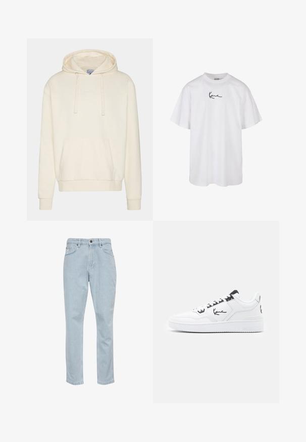 Bluza z kapturem w kolorze kremowym, z sznurkiem do regulacji, kieszenią typu kangurka, ściągaczami na rękawach i dole. Posiada subtelne, białe haftowane logo na klatce piersiowej.; Biała bawełniana koszulka z okrągłym dekoltem i krótkimi rękawami, z czarnym haftowanym logo umieszczonym na środku klatki piersiowej.; Jasnoniebieskie dżinsy z prostymi nogawkami, pięcioma kieszeniami i metalowym zapięciem. Gładka faktura i delikatne efekty wyblaknięcia.; Białe skórzane sneakersy z czarnymi akcentami, z charakterystycznym logo na boku, okrągłym noskiem i teksturowaną gumową podeszwą.