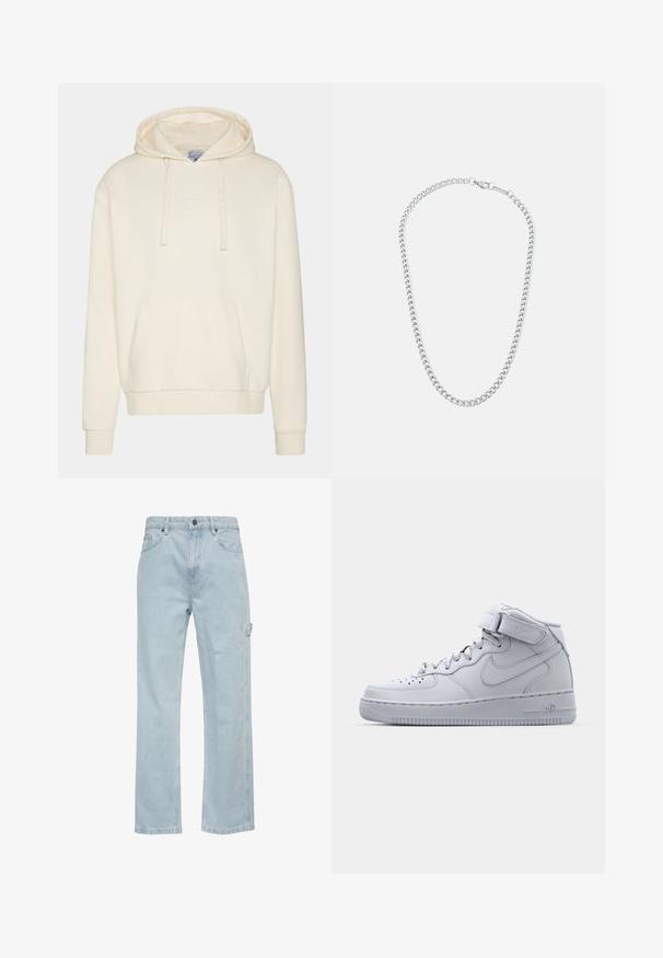 Hanorac crem cu sireturi, buzunar tip cangur, manșete și tiv ribbate. Conține un logo brodat discret în alb pe piept.; Jeans din denim de un albastru deschis, cu un design cu picioare drepte, având buzunare în față și în spate, precum și un buzunar lateral pentru cargo. Textură netedă, stil casual.; Adidași înalți gri Nike Air Force 1, cu partea superioară din piele, guler căptușit și o curea Velcro. Designul iconic include o cutie a vârfului perforată.; Colier din metal argintiu cu lanț, featuring inele interconectate și un închizător sigur, textură netedă, finisaj uniform și un design clasic.