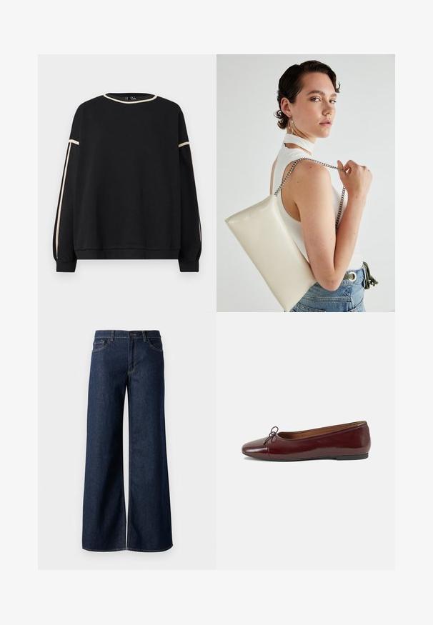 Černá mikina s dlouhým rukávem a béžovým lemem kolem výstřihu a rukávů, s volným střihem a vroubkovanými manžetami a lemem.; Džínsy s širokými nohavicemi v tmavě modré barvě. Mají kontrastní švy, pět kapes a zapínání na knoflík v pase. Hladká textura.; Burgundské lakové baleríny s kulatou špičkou, malou mašlí vpředu a nízkou černou gumovou podrážkou. Hladký povrch.; Bílá obdélníková psaníčko vyrobené z lesklého materiálu, se stříbrným řetízkovým popruhem. Modelka pózuje a předvádí tašku na jednobarevném pozadí.