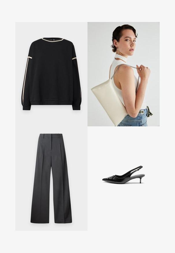 Felpa nera a maniche lunghe con dettagli beige lungo il collo e le maniche, caratterizzata da una vestibilità ampia e polsini e orlo a coste.; Pantaloni a gamba larga in tessuto grigio scuro, con vita alta, pieghe singole e una texture liscia con una finitura pulita sui orli.; Tacchi slingback in pelle nera con punta affusolata, piccolo tacco kitten e un dettaglio a nodo decorativo sulla parte anteriore. Texture liscia su tutta la superficie.; Borsa a pochette rettangolare bianca realizzata in materiale lucido, con una tracolla in catena argentata. Il modello posa, mostrando la borsa su uno sfondo semplice.