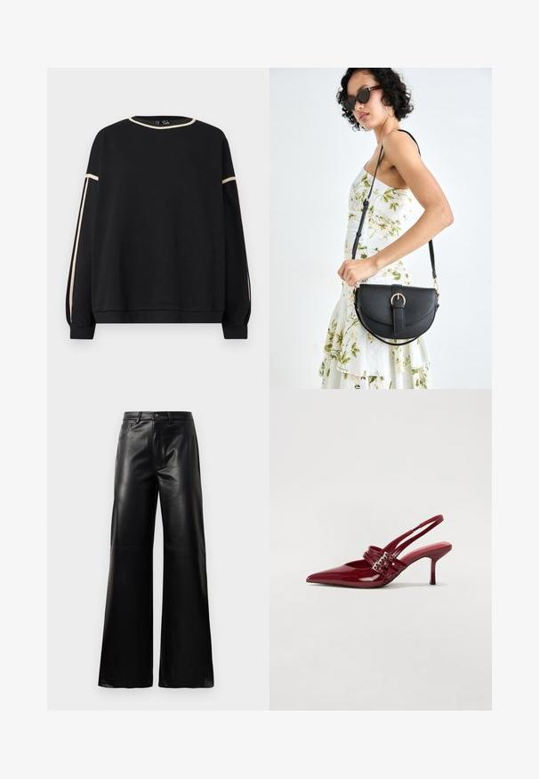 Felpa nera a maniche lunghe con dettagli beige lungo il collo e le maniche, caratterizzata da una vestibilità ampia e polsini e orlo a coste.; Pantaloni ampi a vita alta in ecopelle neri con bottone frontale, chiusura con zip, passanti per cintura e tasche laterali su sfondo bianco.; Décolleté slingback in vernice rossa con punta affusolata, due cinturini con fibbia e un sottile tacco a stiletto di media altezza. Texture liscia.; Borsa a tracolla nera in pelle con una forma curva, manico rimovibile e accessori dorati. La borsa presenta una patta con un dettaglio a fibbia.