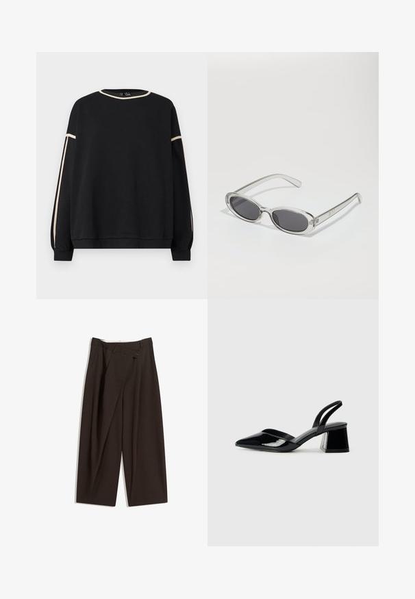 Black long-sleeve sweatshirt with beige trim along the neckline and sleeves, featuring a loose fit and ribbed cuffs and hem.; Dark brown wide-leg trousers with a high waist, featuring a single button closure and a pleated front. Made from lightweight fabric.; Black patent leather slingback heels with a pointed toe and a geometric block heel. Features a sleek, minimal design and smooth texture.; Sunglasses with an oval shape, clear plastic frame, dark gray lenses, and thin transparent arms featuring logo accents and minimal detailing.