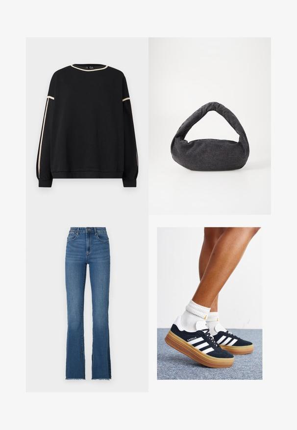 Felpa nera a maniche lunghe con dettagli beige lungo il collo e le maniche, caratterizzata da una vestibilità ampia e polsini e orlo a coste.; Jeans in denim blu a campana con vita alta, caratterizzati da orlo sfrangiato e design a cinque tasche. Texture liscia con leggera sbiaditura.; Sneakers in pelle scamosciata nera con strisce e dettagli bianchi, punta arrotondata, suola in gomma color gomme, abbinate a calzini bianchi a coste alla caviglia.; Borsa di tessuto grigio scuro con manico curvo, texture morbida e forma arrotondata. Nessuna ferramenta o decorazione visibile.