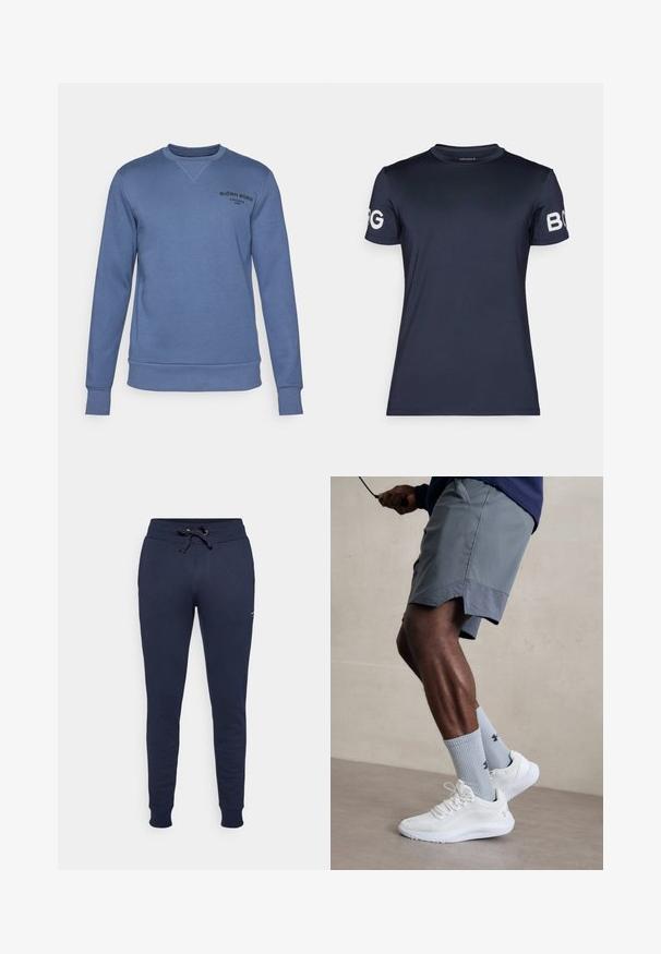 Sweatshirt azul de gola redonda feito de uma mistura de algodão. Apresenta punhos e barra canelados, com um pequeno logotipo preto no peito.; T-shirt atlético de manga curta azul-marinho com decote redondo; apresenta detalhes de logotipo brancos em ambas as mangas e uma textura lisa e elástica.; Calças de fato de treino azul-marinho feitas de um tecido suave, com um cós elástico com cordão, e pernas ajustadas com punhos canelados.; Ténis desportivos brancos com parte superior em malha texturizada, acompanhados por meias caneleadas azul claro com um logótipo. Calções desportivos cinza com acabamento perfurado.