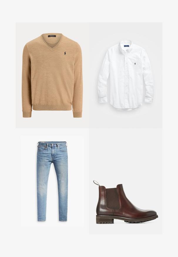 Beige V-hals genser med lange ermer, ribbestrikkede mansjetter og kant, med en liten brodert marineblå polo-spiller logo på venstre bryst.; Hvit langermet skjorte i bomull med knapper. Har en klassisk krage, knappe mansjetter og en liten marineblå brodert logo på brystet.; Svart oversized T-skjorte med mørkegrå "ALLSAINTS" tekst over brystet og "LONDON" i mindre bokstaver under.; Lyseblå slim-fit jeans med svak falming på lårene, frontknappelukking, beltehemper, og fem-lomme design på hvit bakgrunn.; Brune lær Chelsea-støvler med elastiske sidepaneler, skaft, og teksturert gummisåle. Glatt overflate med solid lav hæl.