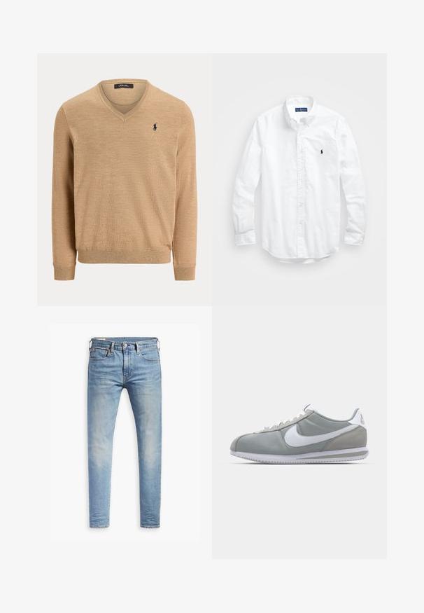 Bež dolg rokav z V-izrezom z rebrastimi manšetami in spodnjim robom, z majhnim vezenim logotipom mornarsko modrega igralca polo na levi strani prsnega koša.; Bela dolg rokav srajca s gumbi iz bombaža. Ima klasičen ovratnik, gumbnice na zapestjih in majhen temno moder vezen logotip na prsih.; Svetlo modri oprijeti džins s blagim bledenjem na stegnenicah, sprednji gumbasti zapenjač, zanke za pas in pet žepov na belem ozadju.; Sive tenisice za šport z zgornjim delom iz semiša in tekstila, belim Nike swooshom in belimi vezalkami. Imajo strukturirano gumijasto podplat in oblazinjen ovratnik.