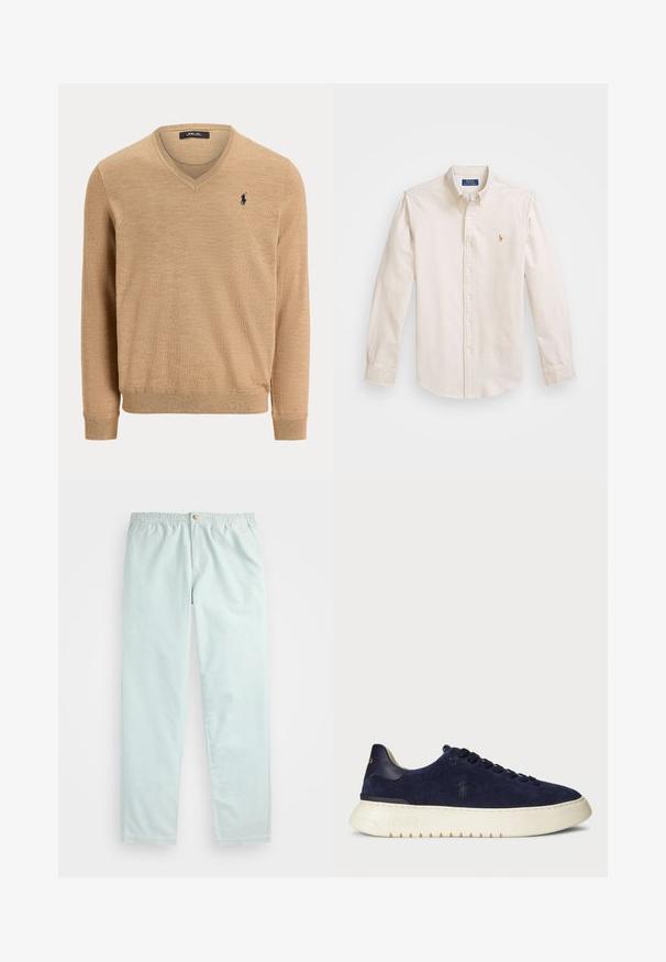 Beige V-hals genser med lange ermer, ribbestrikkede mansjetter og kant, med en liten brodert marineblå polo-spiller logo på venstre bryst.; Kremfarget skjorte med knapper laget av bomull. Har klassisk krage, lange ermer og brodert logo på brystet.; Lyseblå, avslappede bukser med elastisk linning, med sidelommer og en enkelt knappelukking foran.; Marineblå semsket lavsko med en teksturert overflate, gummisåle og tonede snører, med en liten logo på siden og hælen.
