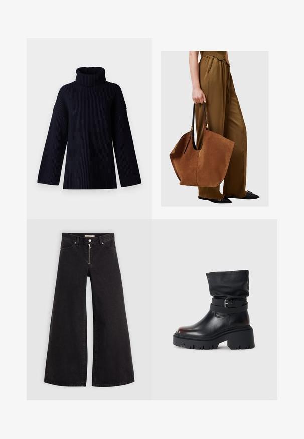 Sötétkék garbó pulóver bordázott textúrával, széles ujjakkal és laza szabással. Puha anyag és minimalista dizájn.; Fekete denim széles szárú farmer, cipzáros elejével, öt zsebes kialakítással és diszkrét varrással. Sima textúra és laza stílus.; Fekete bőr bokacsizma laza felső résszel, csattal díszítve és vastag, strapabíró talppal. Kerek orrú és sima textúrájú.; Barna velúr válltáska fekete bőr füllel, széles, laza formával és minimalista dizájnnal, amelyet egy barna nadrágos személy tart.
