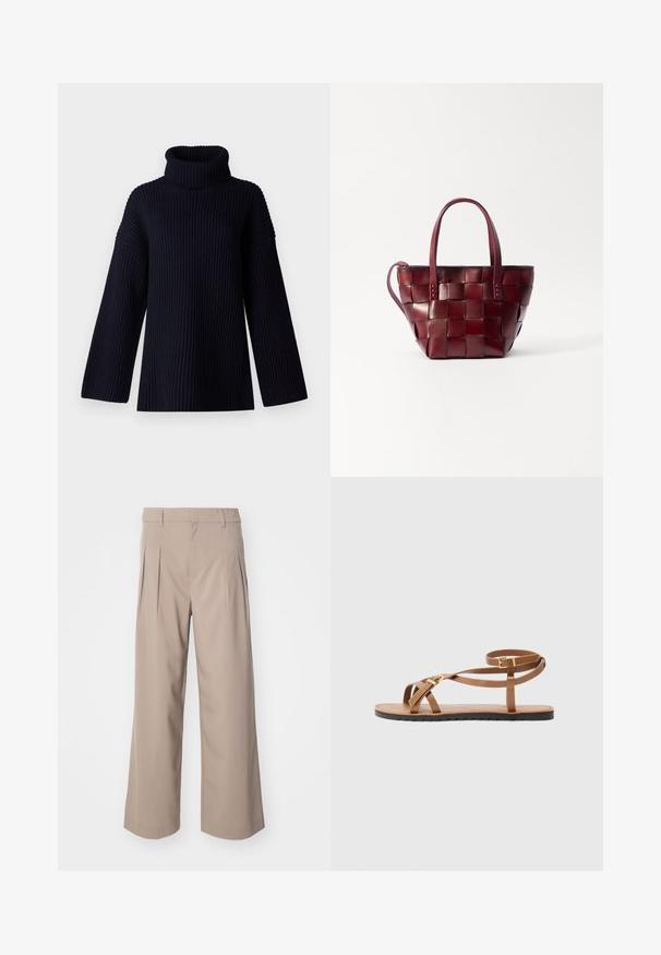 Tamsiai mėlynas golfas su kontrastinga tekstūra, plačiais rankovėmis ir atsipalaidavusiu siluetu. Minkšta medžiaga ir minimalistinis dizainas.; Smėlio spalvos platus kelnių modelis su klostėmis, pagamintas iš lygaus audinio. Turi vidutinio aukščio liemeni ir švarų, pritaikytą siluetą.; Rudos odos šlepetės su plonu dirželių dizainu, turinčios auksinės spalvos sagtį ir plokščiu juodu padu su zigzago kraštu.; Austas bordo odinis delninukas su dviem trumpais rankenomis ir nuimama petine juosta. Pasižymi struktūrine forma ir lygiu paviršiumi.