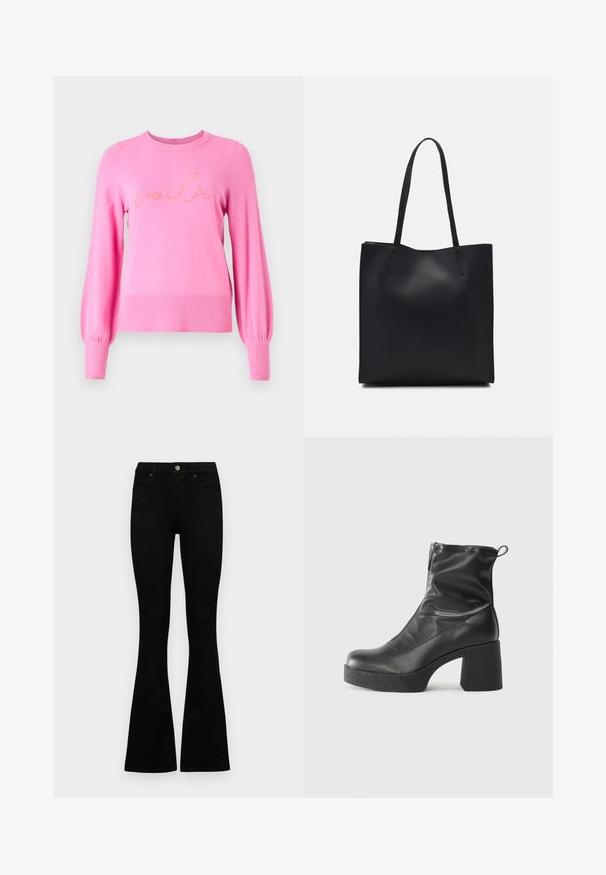 Rožinė megzta palaidinė su raukšlėta apykakle ir rankogaliais, laisvo kirpimo, su žodžiu "voilà", siuvinėtu kontrastingomis siūlų spalvomis per priekinę dalį.; Juodos aukšto liemens džinsai su mygtuku ir užtrauktuku, priekinėmis kišenėmis ir platėjančiomis kojomis, išdėstyti ant baltos fono.; Juodos kulkšninių botai, pagaminti iš lygaus odos, su šoniniu užtrauktuku, masyviu tekstūruotu kulnu ir apvaliu pirštu.; Juodas odinis tote krepšys su lygia tekstūra, stačiakampio formos ir dviem ilgais rankenomis. Matomų metalinių detalių ar puošybos nėra.