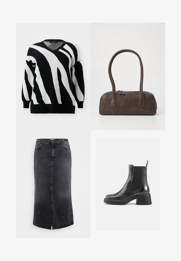 Vero Moda Curve VMCNANCY czarny; ONLY Carmakoma CARCILLA czarny denim; Czarne skórzane botki za kostkę o gładkim wykończeniu, z elastycznymi bocznymi panelami i masywnym obcasem. Posiadają pętelkę ułatwiającą zakładanie.; Brązowa skórzana torebka na ramię z dwoma solidnymi uchwytami, prostokątny kształt, gładka faktura i zamek błyskawiczny. Minimalistyczny design bez widocznych wzorów.; Srebrne metalowe kolczyki o falistym, rzeźbiarskim wzorze z polerowanym wykończeniem i nieregularnymi kształtami, podkreślające nowoczesny estetykę.