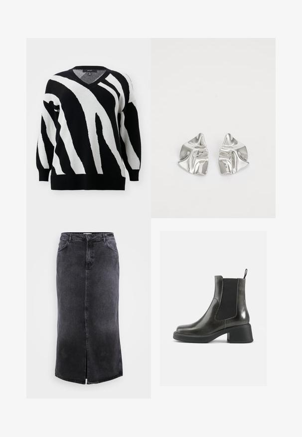 Vero Moda Curve VMCNANCY VNECK LONG  - Strickpullover - black/birch; ONLY Carmakoma CARCILLA LONG SLIT SKIRT - Maxirock - washed black; Schwarze Leder-Ankle-Boots mit glatter Oberfläche, elastischen Seitenpanelen und einem massiven Absatz. Sie verfügen über eine Zugschlaufe für einfaches Anziehen.; Silberne Metallohrringe mit einem wellenförmigen, skulpturalen Design, das eine polierte Oberfläche und unregelmäßige Formen aufweist, die eine zeitgenössische Ästhetik betonen.