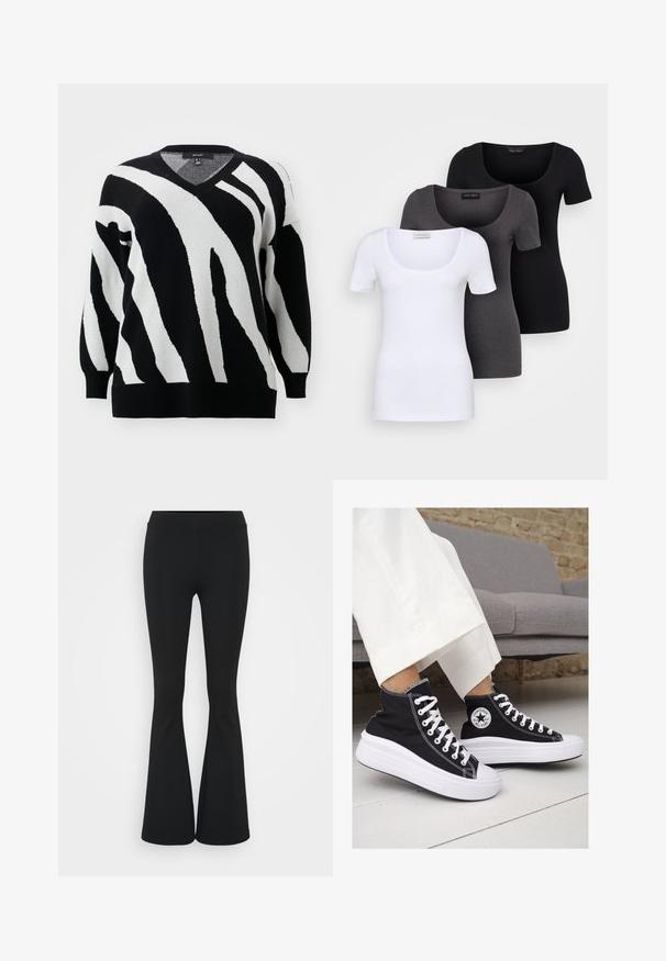 Vero Moda Curve VMCNANCY VNECK LONG  - Jumper - black/birch; Three fitted T-shirts in white, gray, and black. Each features a wide scoop neckline and short sleeves. Made from smooth, stretchy fabric.; Black flared pants made of stretchy fabric, featuring a high waistband and a smooth texture. The pants flare out from the knee.; Black canvas high-top sneakers with white rubber soles and laces. Features a circular logo on the side and contrasting white stitching.