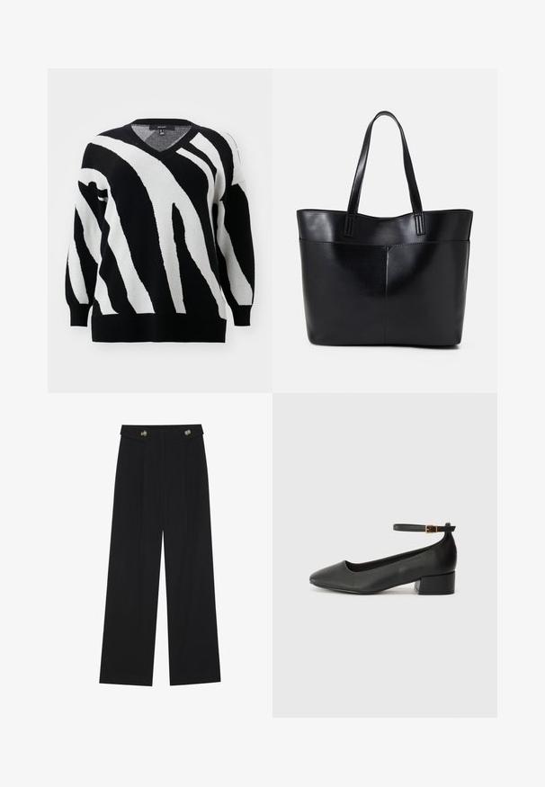 Vero Moda Curve VMCNANCY VNECK LONG  - Jumper - black/birch; Black wide-leg trousers with high waist, button details on waistband, and front pleats.; Black leather pump with a pointed toe and a low block heel. Features an ankle strap with a gold-tone buckle. Smooth texture.; Black leather tote bag with two long handles, a smooth texture, and a structured shape. Features a front pocket for additional storage.