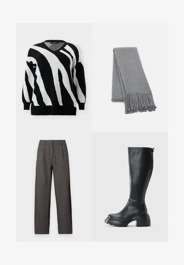Vero Moda Curve VMCNANCY VNECK LONG - Stickad tröja - black/birch; Mörkgrå högmidjade byxor med vida ben, bältesöggor, framfåror och dold framdragkedja.; Höga svarta läderstövlar med kraftig plattformssula och blockklack, med dragflik och strukturerat mönster på yttersulan.; Grå ullscarf med en mjuk textur, med fransade kanter och en enkel design. Fint vikt, vilket visar dess avlånga form.