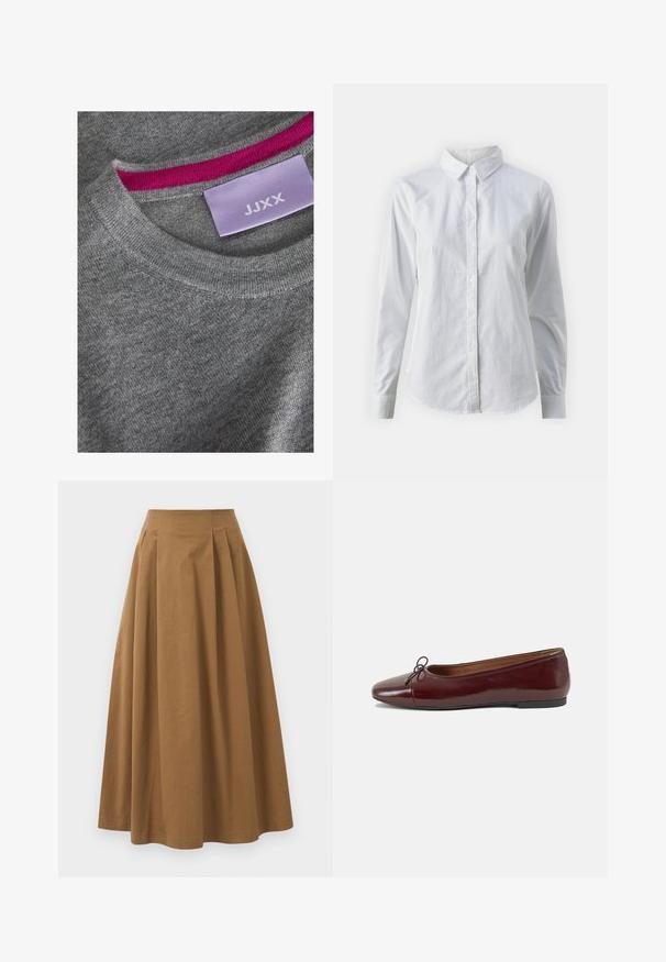 Grauer gestrickter Pullover mit einem gerippten Rundhalsausschnitt. Rosa Akzent am inneren Ausschnitt. Etikett sichtbar mit "JJXX" auf einem helllila Hintergrund.; Weißes Hemd mit Knöpfen, aus glattem Baumwollstoff, mit klassischem Kragen, langen Ärmeln und abgerundetem Saum. Die Knöpfe sind klein und weiß.; Brauner Baumwoll-A-Linien-Rock mit hoher Taille, der vorne Falten aufweist und eine glatte Textur hat. Der Saum ist sauber und einfach verarbeitet.; Burgunderfarbenes, lackiertes Ballettschuh mit abgerundetem Zehenbereich, kleiner Schleifenakzent vorne und einer niedrigen, schwarzen Gummisohle. Glatte Textur.