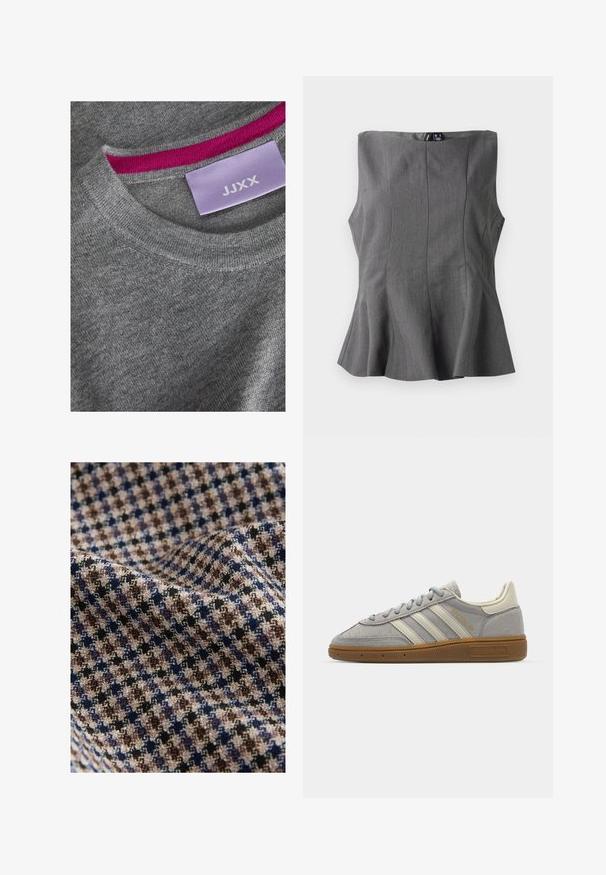 Grijze gebreide trui met een geribbelde ronde hals. Roze accent aan de binnenkant van de hals. Etiket zichtbaar met "JJXX" op een lichtpaarse achtergrond.; Grijze peplum top met een gestructureerd, mouwloos ontwerp. Gemaakt van een gladde stof, met verticale naden en een rechte halslijn.; Textiel met een geruit patroon in beige, bruin, marineblauw en zwart, met een getextureerde afwerking. Zacht en vallend uiterlijk.; Grijze suède sneakers met lichtgrijze leren strepen en een gomrubberen zool. Kenmerken zijn een vetersluiting en subtiele branding op de tong.