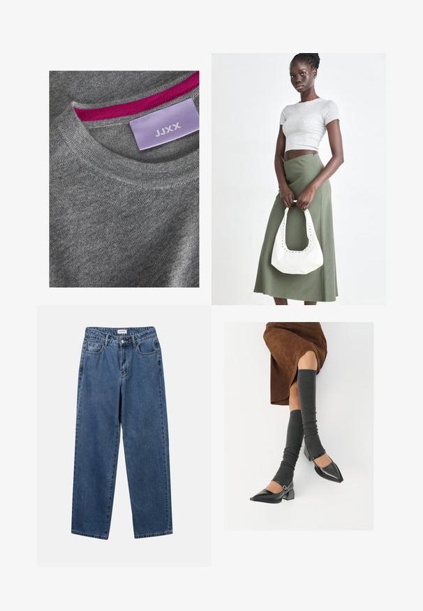 Grauer gestrickter Pullover mit einem gerippten Rundhalsausschnitt. Rosa Akzent am inneren Ausschnitt. Etikett sichtbar mit "JJXX" auf einem helllila Hintergrund.; Klassische blaue Denim-Jeans mit geradem Bein, fünf Taschen und Knopfverschluss. Sie verfügen über eine mittelblau gewaschene Optik und sind aus robuster Textur.; Schwarze lacklederne spitze Schuhe mit Blockabsatz und Knöchelriemen, kombiniert mit grauen gerippten Beinstulpen und einem braunen Wildlederrock.; Grauer gerippter Croptop und olivgrüner Rock mit hoher Taille. Das Modell hält eine weiße Schultertasche mit Ausschnittdetails. Schlichte Gestaltung, taillierte Silhouette.