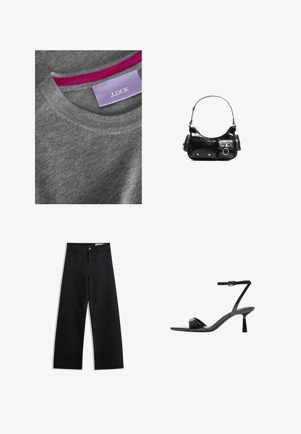 Sivi pleteni dukserica s rebrastim izrezom na vratu. Ružičasti akcent na unutrašnjem izrezu. Oznaka je vidljiva s "JJXX" na svijetloplavoj pozadini.; Crne široke traperice s visokim strukom, s prednjim i stražnjim džepovima, šivenim šavovima i kopčanjem na gumb. Glatka tekstura.; Bershka Sandale s visokom petom - black; Crna patentna kožna torba s zakrivljenim oblikom, jednim remenom za rame, prednjim džepovima i akcentima od srebrnog tona.