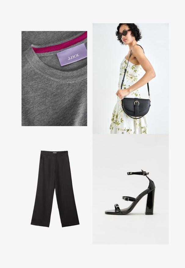 Grauer gestrickter Pullover mit einem gerippten Rundhalsausschnitt. Rosa Akzent am inneren Ausschnitt. Etikett sichtbar mit "JJXX" auf einem helllila Hintergrund.; Schwarze weite Hosen aus glattem Stoff, mit einem Reißverschluss vorne und zwei seitlichen Taschen, maßgeschneiderter Passform und minimalistischem Design.; Schwarze patentierte Sandalen mit Absatz, quadratischer Spitze, Knöchelriemen und silbernen Schnallen. Mit einem stabilen Blockabsatz für mehr Stabilität.; Schwarze Lederhandtasche mit geschwungener Form, abnehmbarem Tragegurt und goldenen Beschlägen. Die Tasche verfügt über einen Deckel mit einer Schnallen-Details.