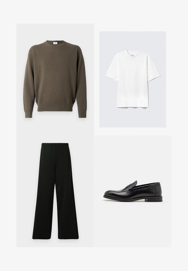 Haki zaļš džemperis ar teksturētu rakstu, ar apaļu kakla izgriezumu un ribotām piedurknēm un apakšmalu. Viegls audums, ikdienišķs dizains bez rotājumiem.; Vienkārša balta īsām piedurknēm brīva T-krekls, izklāts uz gaiši pelēka fona.; Melni plati bikses, kas izgatavotas no mīksta auduma. Raksturīga elastīga josta, gluda tekstūra un vienkāršs, mūsdienīgs dizains bez rakstiem.; Melnas ādas kurpes ar gludu tekstūru, noapaļu purngalu un dekoratīvu siksniņu pāri priekšpusei. Zems sakrauts papēdis, minimālisma dizains.