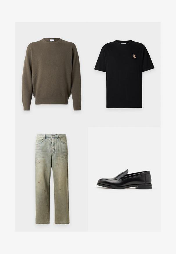 Khaki-grüner Pullover mit strukturiertem Muster, Rundhalsausschnitt und gerippten Bündchen und Saum. Leichtes Material, lässiges Design ohne Verzierungen.; Schwarzes Kurzarm-T-Shirt mit Rundhalsausschnitt und kleinem gesticktem orangen Fuchs-Logo auf der linken Brust.; Distressed Denim-Jeans in Hellgrün, mit geradem Bein, Fünf-Taschen-Design und ungleichmäßiger Ausbleichung sowie Farbspritzern.; Schwarze Lederloafers mit glatter Textur, rundem Zehenbereich und einem dekorativen Riemen über dem Vorderfuß. Niedriger, gestapelter Absatz, minimalistisches Design.